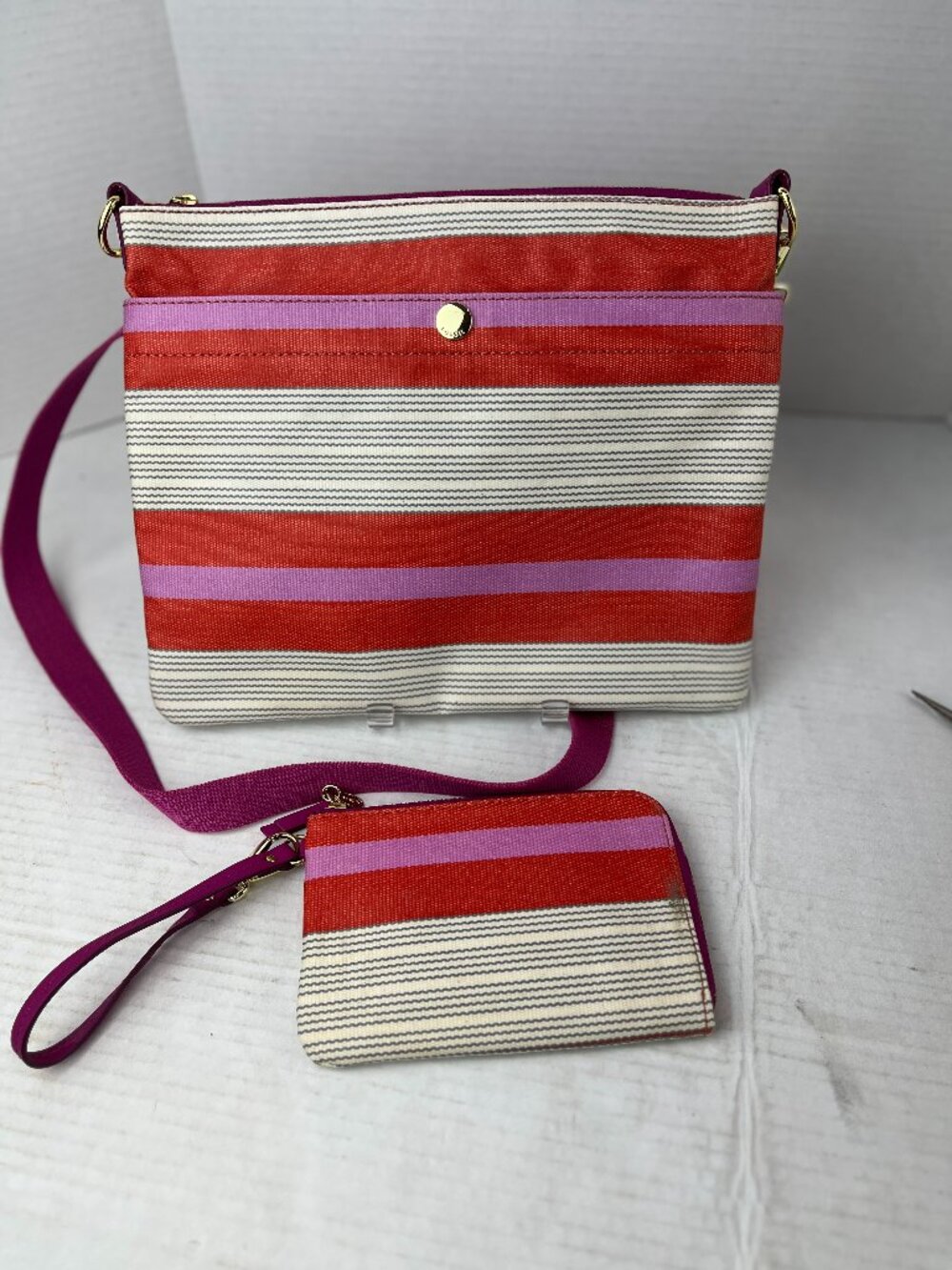 Women's Fossil coated canvas and leather striped crossbody bag and wallet set